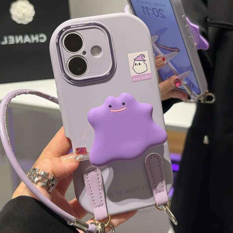 紫色小怪兽支架挂绳适用苹果17/16pro手机壳华为vivo小米15oppo