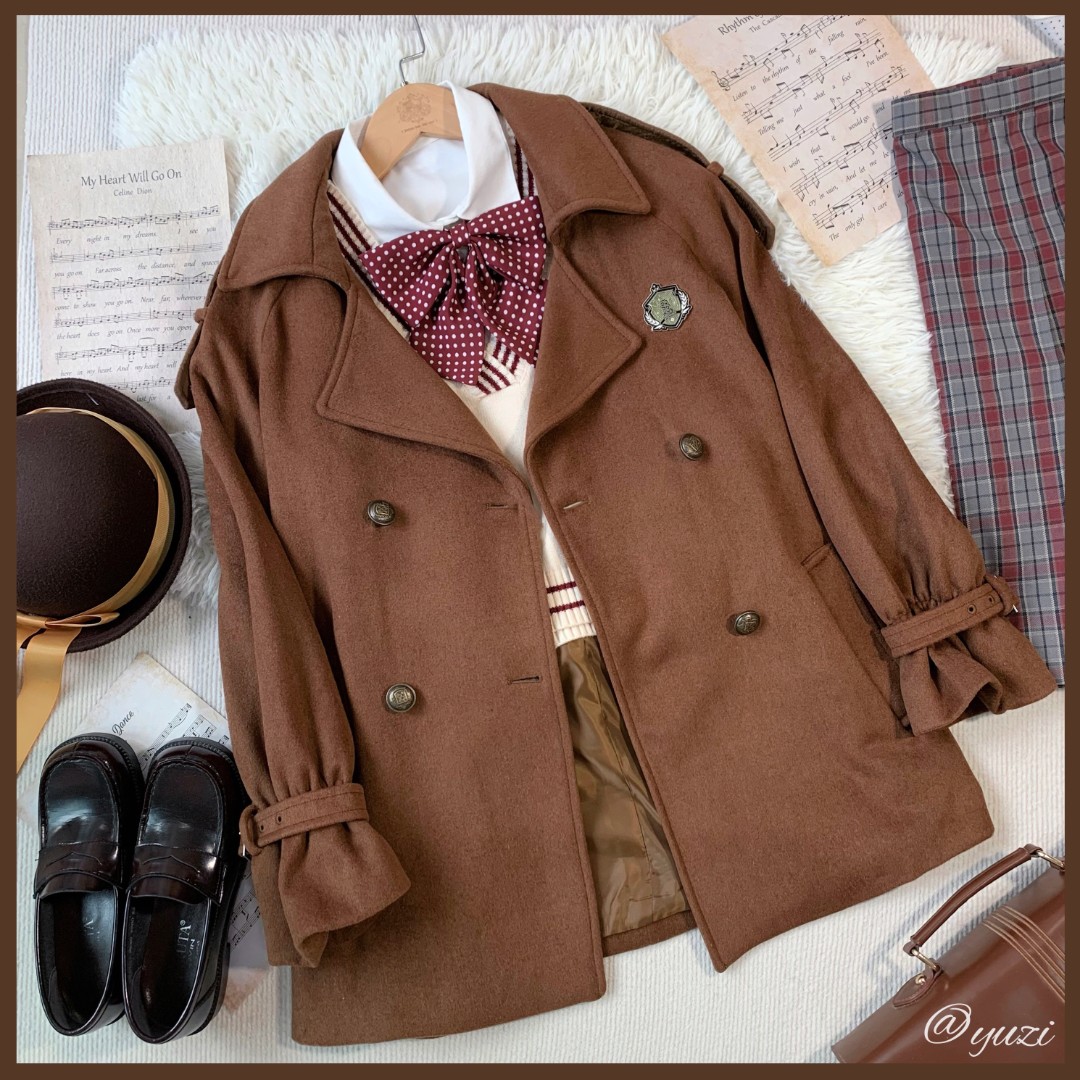 放学后/双排扣羊毛大衣/英伦学院风jk厚毛呢外套女秋冬长/短款