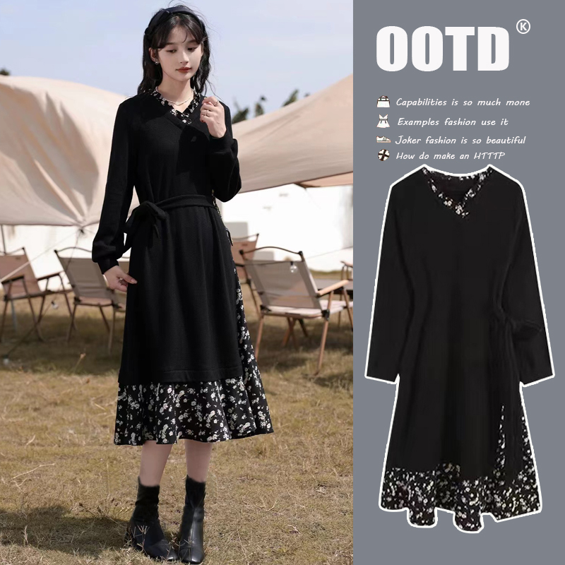 孕妇春秋装2025新款假两件绝美高级感碎花拼接收腰显瘦哺乳连衣裙