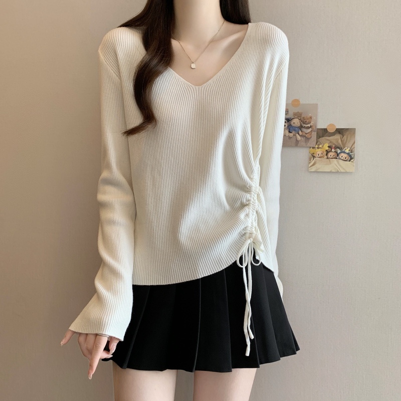 韩版下摆不规则V领抽绳针织衫女秋装新款显瘦长袖打底衫百搭上衣