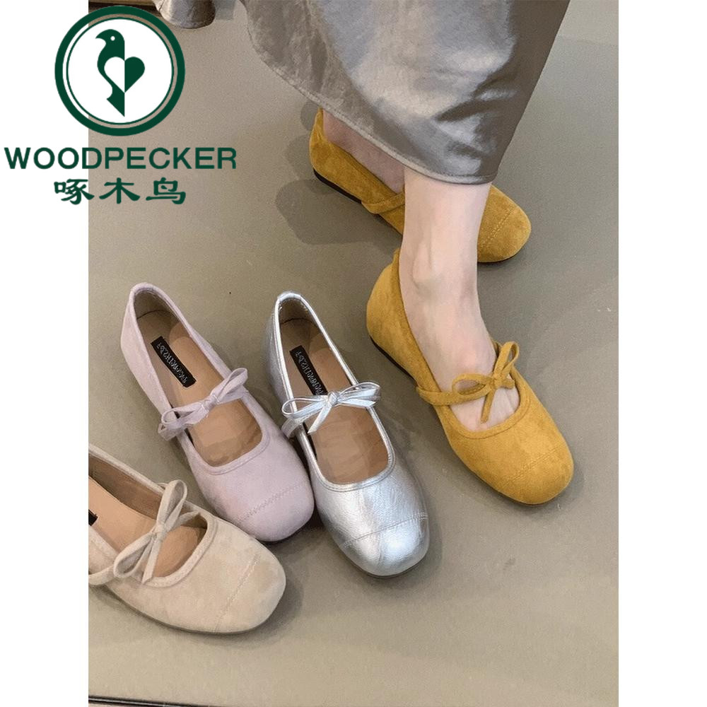 啄木鸟内增高蝴蝶结一字带浅口单鞋女2025夏季新款平底瓢鞋单鞋