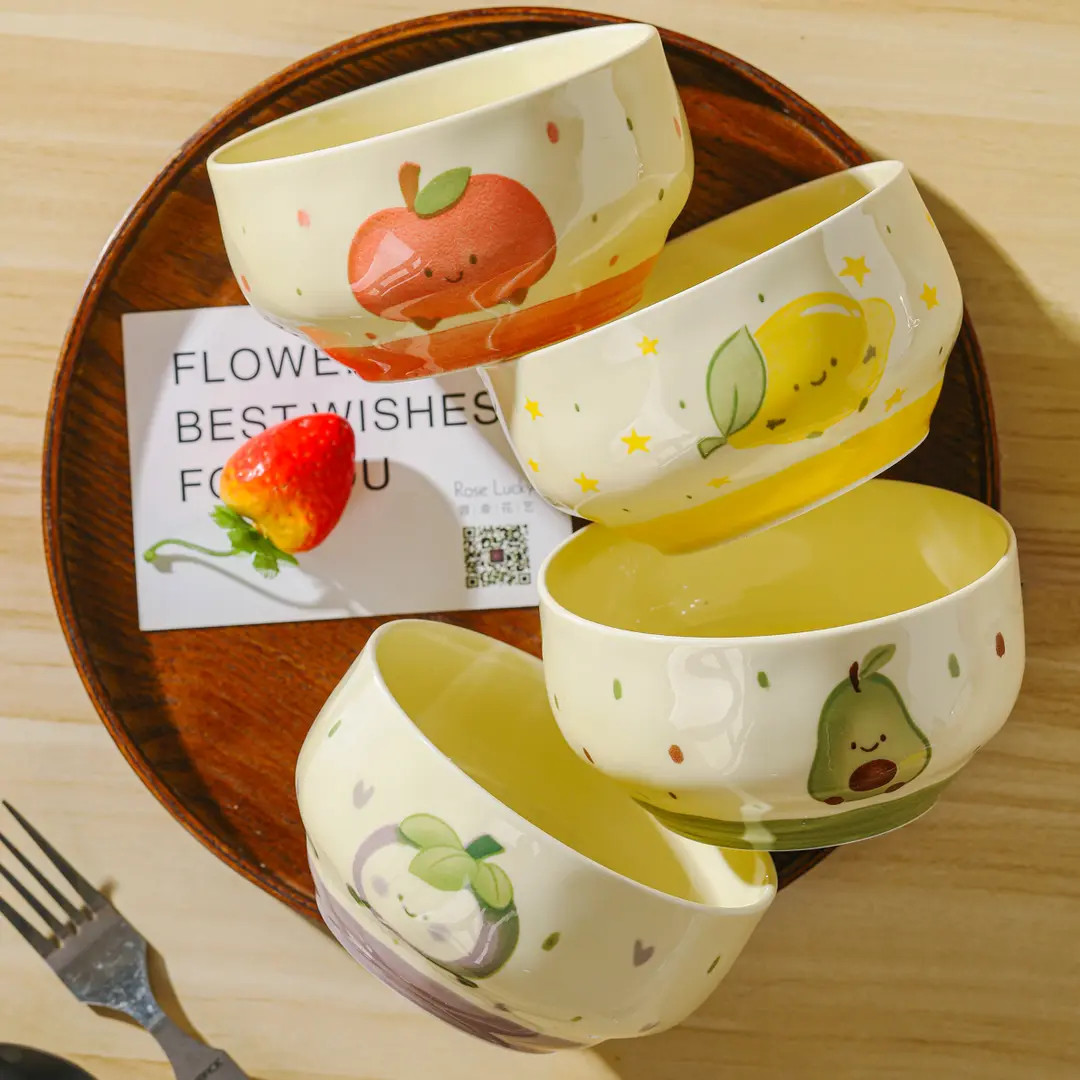 【4个装】水果卡通餐具饭碗家用釉下彩少女陶瓷家用可爱陶瓷双耳饭