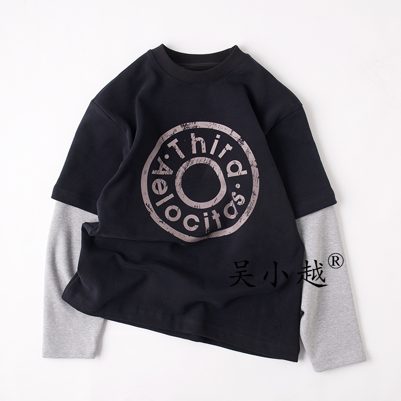 吴小越w1744男童打底衫秋款韩版拼接假两件数码印花云朵绒t恤