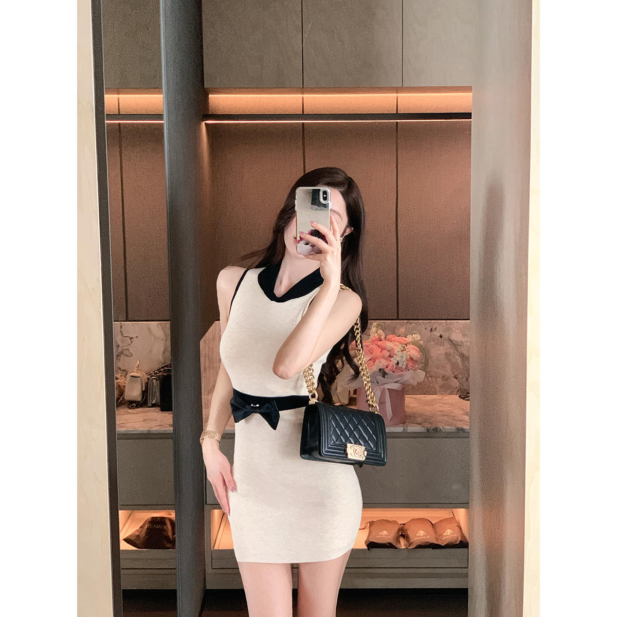 JustQin【优雅颂】2025新款夏装气质收腰短裙针织连衣裙女