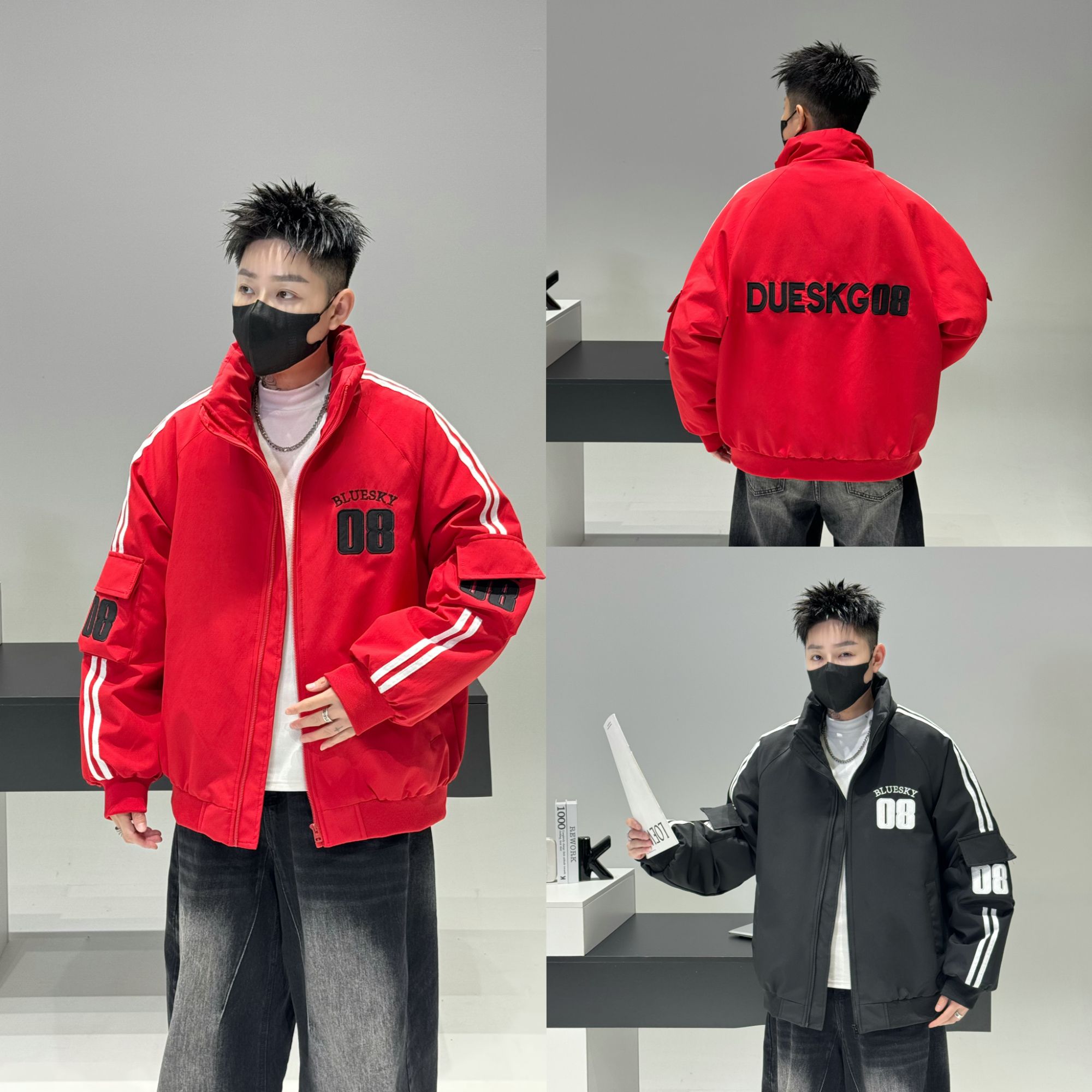 青少年男生冬季加绒痞帅立领拼条刺绣休闲外套秋冬潮流夹克072