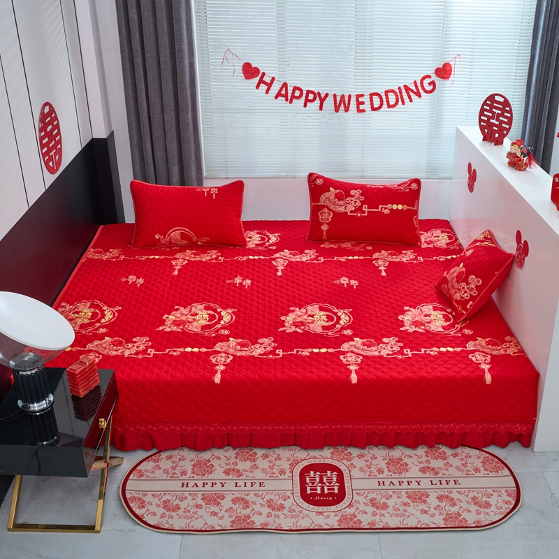 定做全棉榻榻米床盖加厚纯棉大红色防滑床单结婚婚庆夹棉加大炕盖
