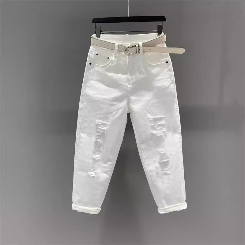 欧货破洞白色高腰牛仔裤女春夏新款小个子百搭宽松显瘦老爹哈伦裤