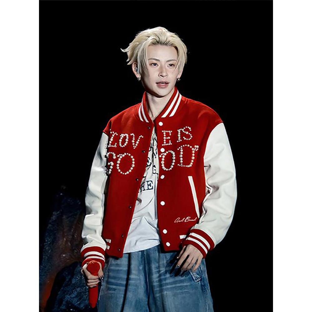 美式高街王琳凯同款红色棒球服男春秋设计感珍珠短款飞行夹克外套