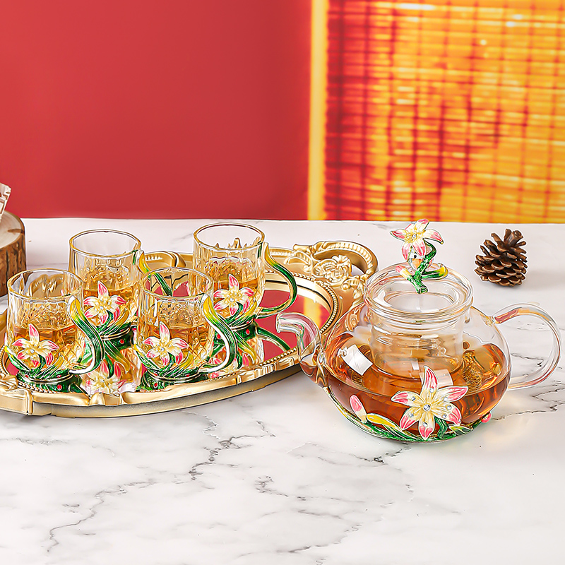 新款鸢尾珐琅彩功夫茶具耐热玻璃小茶杯大容量泡茶壶家用商务茶壶