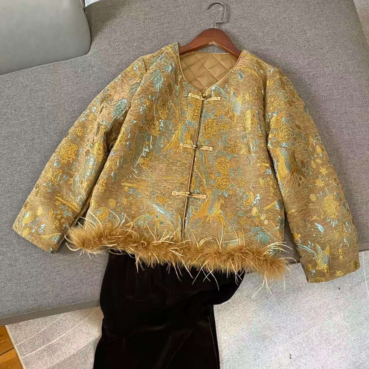 【新蓝影】（正肩-鸵鸟毛）秋冬加棉新中式女士外套 中国风复古高级感