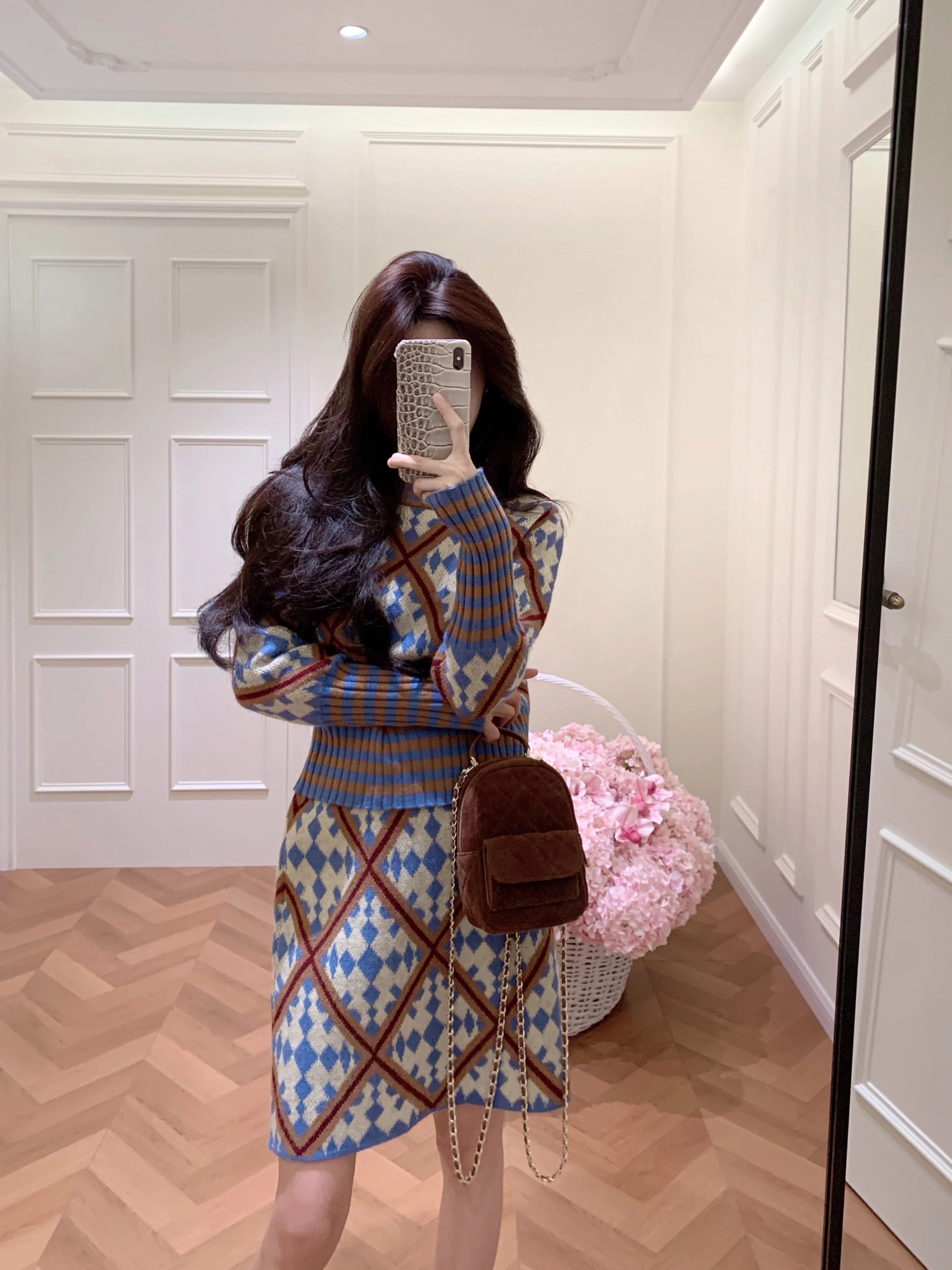 2025秋冬新款韩系一整套深冬穿搭小个子针织格纹半身裙两件套装