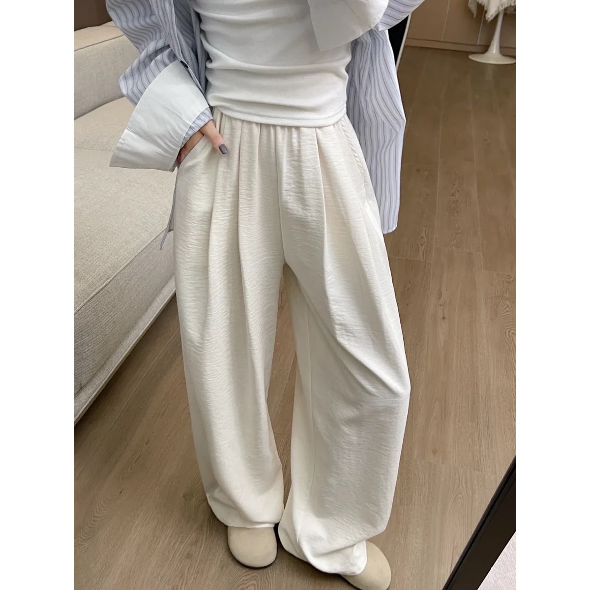 奶芙白色垂感裤子阔腿裤直筒裤女春新款外穿白裤子女款爆款九分裤