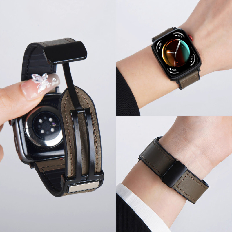 适用华为WatchFit3手表带疯马纹真皮fit4磁吸智能运动手环男腕带2