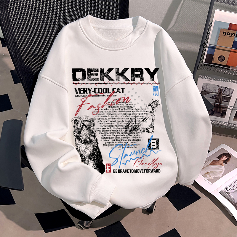 Dekkry卡通猫咪字母印花秋冬加绒圆领卫衣男女百搭套头情侣装上衣
