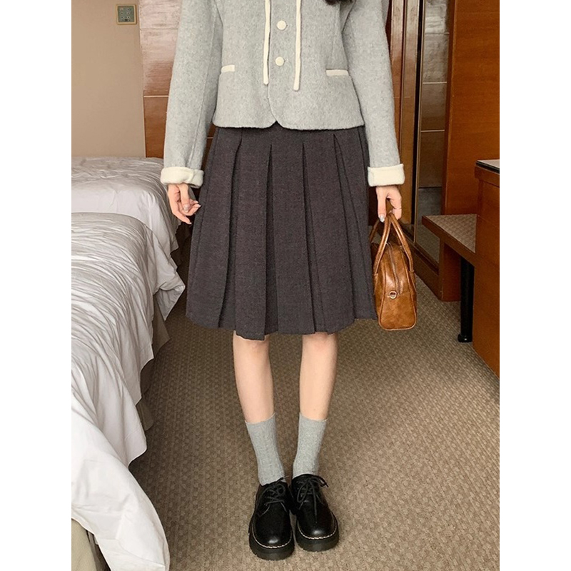 耶古原宿风深灰色百褶半身裙女2025秋冬季高腰层次感西装a字中裙