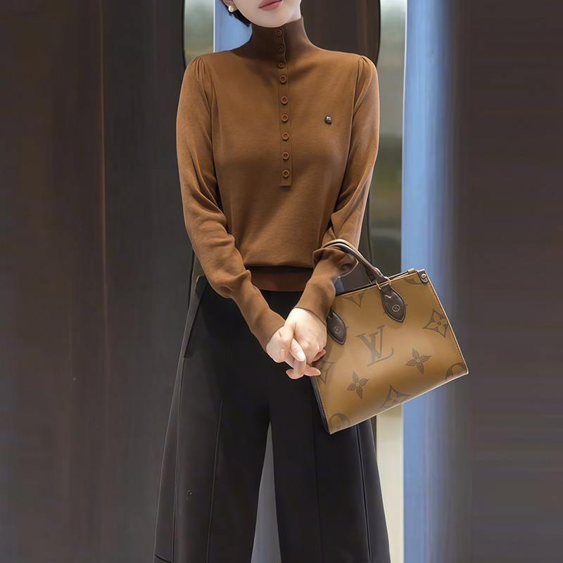 韩系时尚针织衫2025秋冬新款灯笼袖高领休闲上衣气质百搭打底衫女