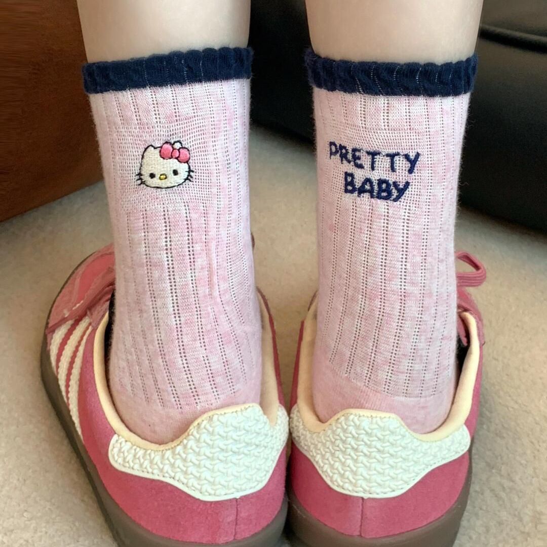 早秋袜子女中筒袜撞色韩版ins卡通kt猫字母ab不对称个性潮流长袜