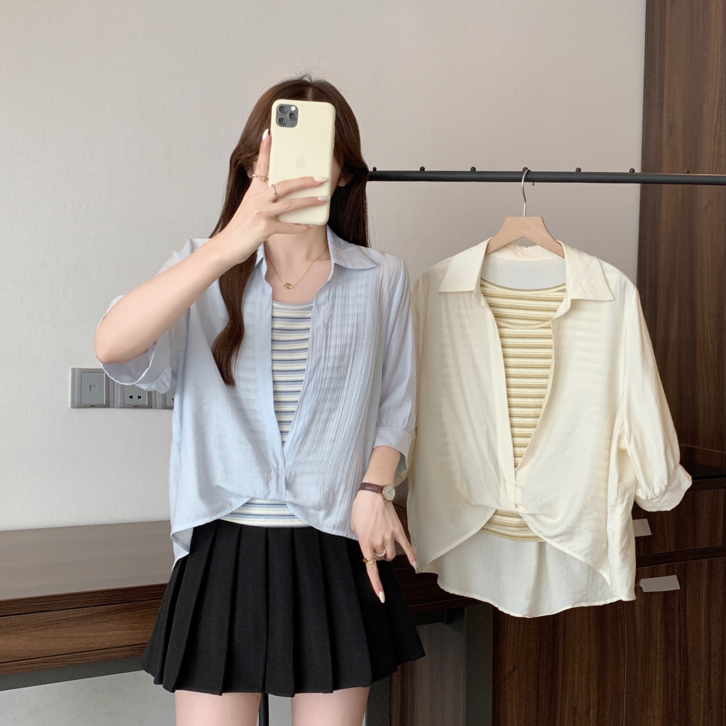 2025夏新款胖mm大码设计感扭结假两件背心衬衫休闲通勤上衣64842