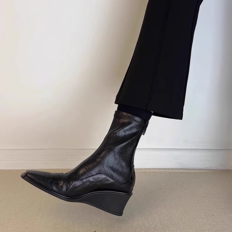 牛皮版~新款后拉链高跟短靴通勤单靴厚底坡跟靴子方头弹力瘦瘦靴