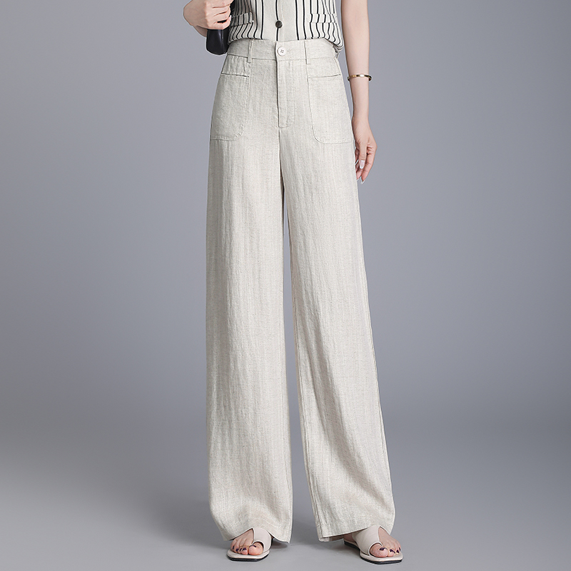 正品新款轻奢垂感亚麻休闲裤夏季气质高腰显瘦白色薄款裤子女