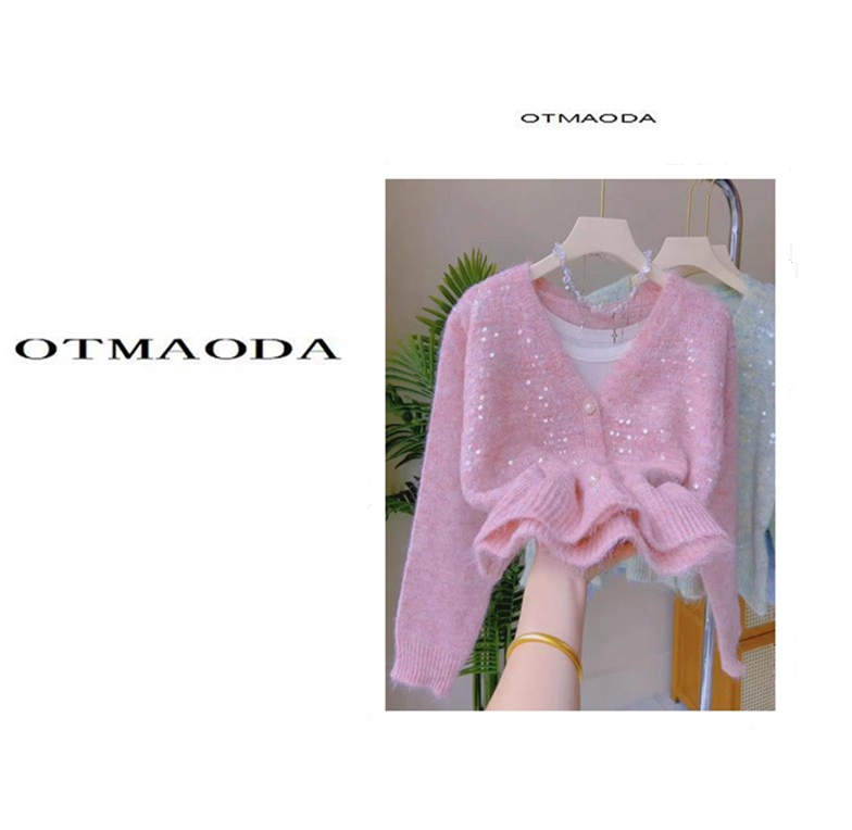 【南瓜定制】闪耀 重工亮片针织春秋V领针织衫女毛衣针织开衫落肩袖