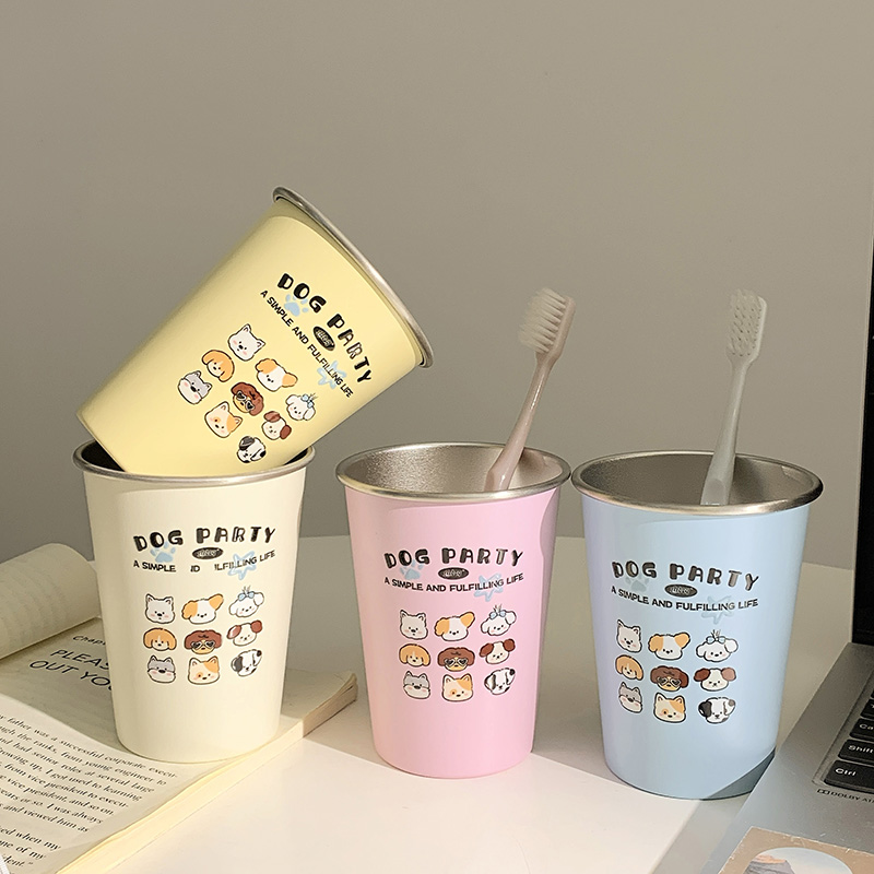 卡通小狗家族彩色洗漱杯高颜值情侣可爱牙刷不锈钢漱口杯家用刷牙