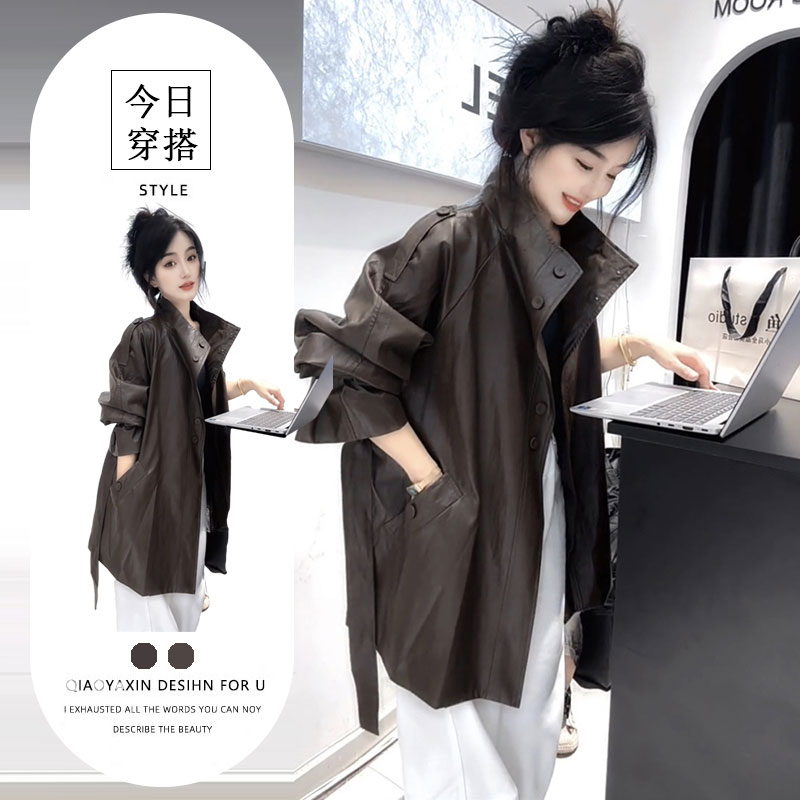 2025秋季网红新款短款皮U风衣外套女高级感咖色立领宽松显瘦大衣