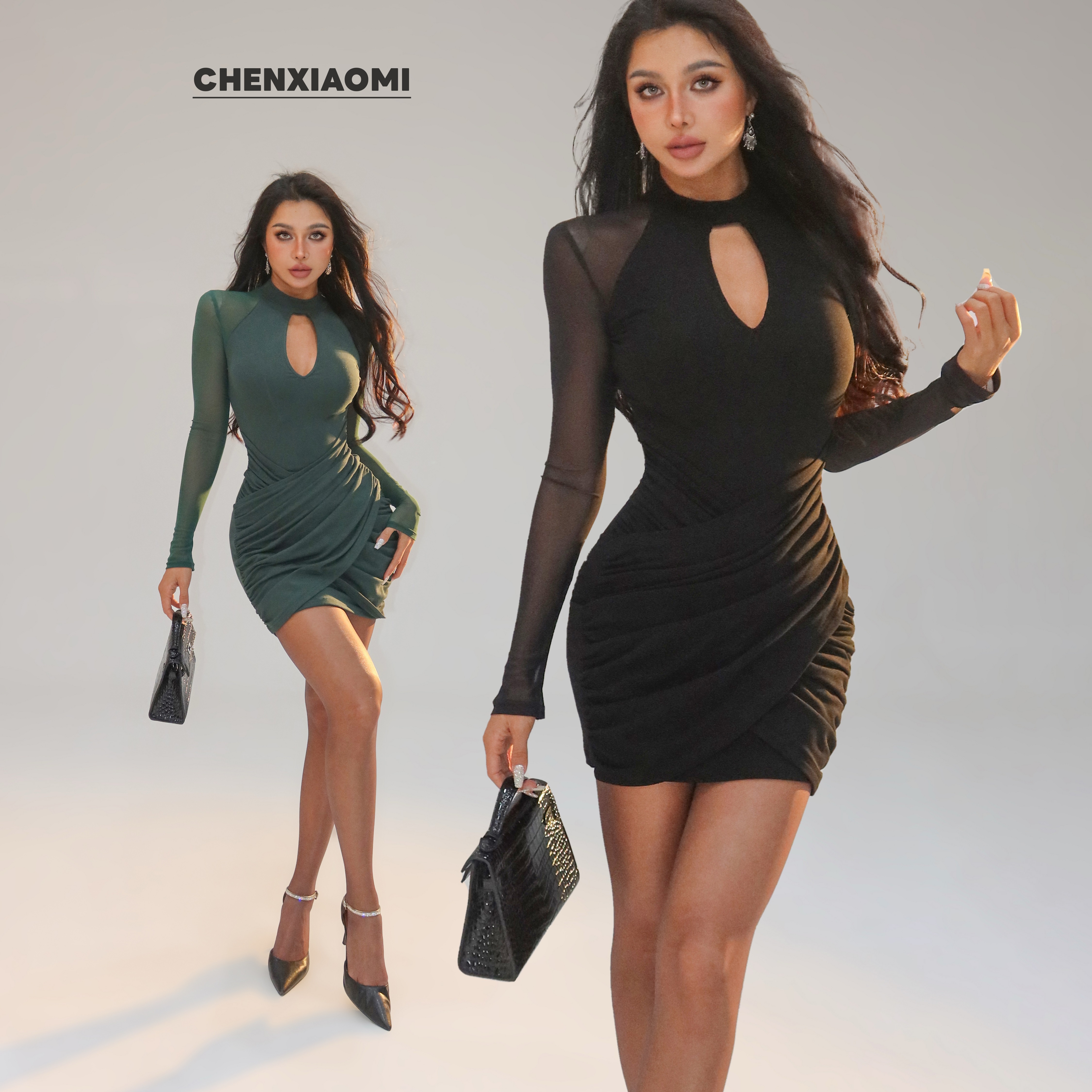 【蜜蜜家】兰亭序 欧美辣妹立领胸部V字挖孔抓毛连衣裙短裙 25/Y796