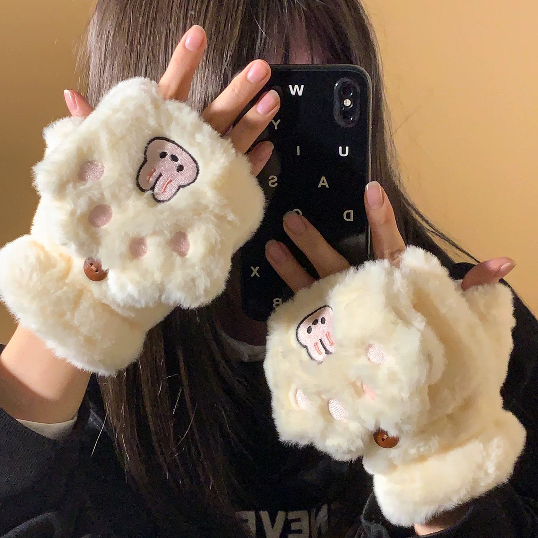 新款可爱翻盖小兔子触屏毛绒连指手套女冬季保暖加绒学生防寒骑行