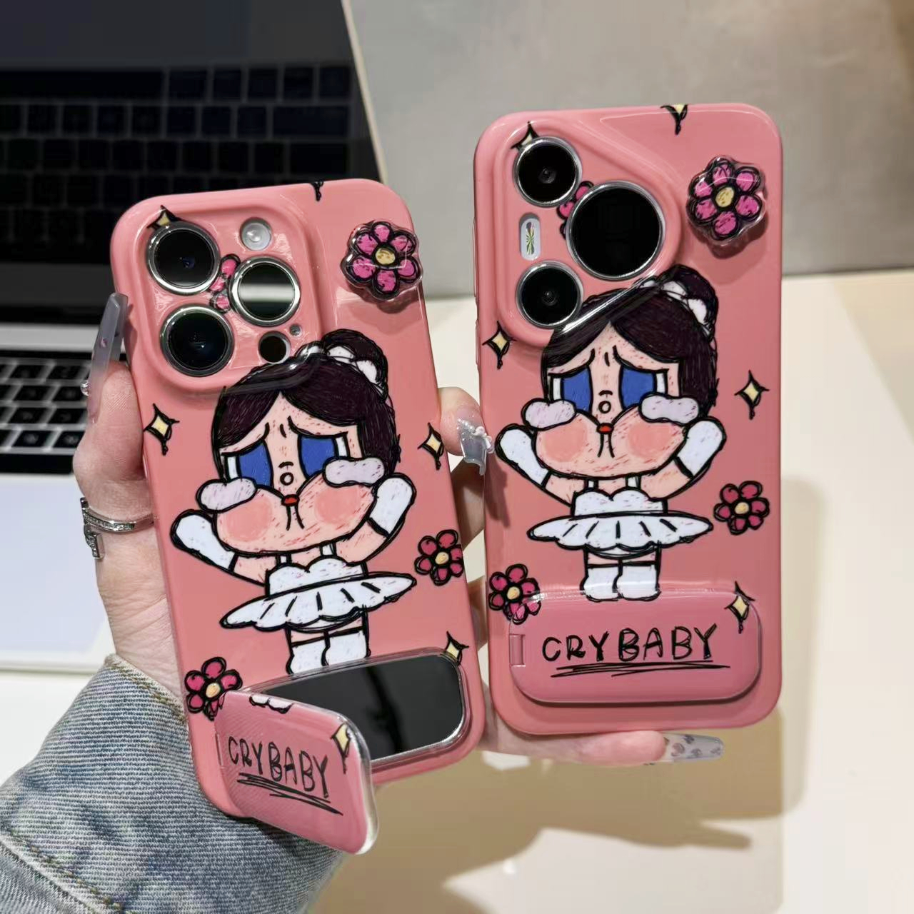 SMBLCE涂鸦哭娃镜子支架适用苹果17菲林16手机壳华为vivo小米oppo