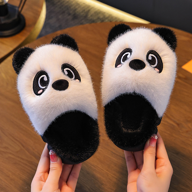 秋冬季儿童棉拖鞋男女童保暖加绒毛毛熊猫居家厚底中小童宝宝棉鞋