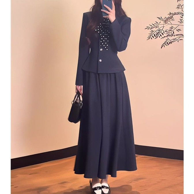 2025秋新款设计感宝蓝色收腰显瘦西装外套高腰A字半身裙套装女