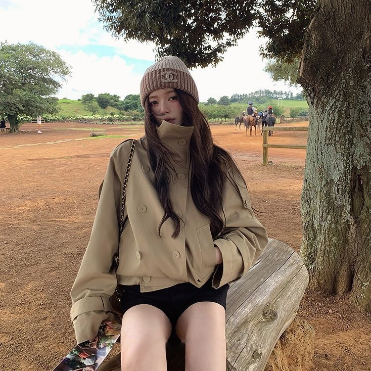 韩系新款英伦风气质立领风衣外套女双排扣卡其色宽松百搭上衣LF03