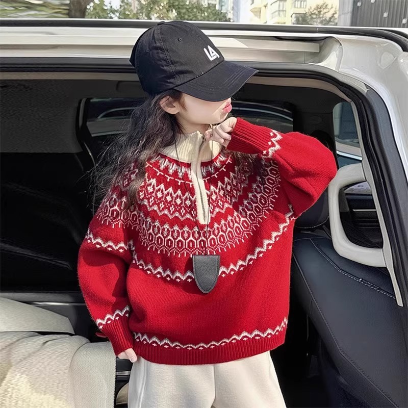 女童费尔岛加厚毛衣冬季2025新款儿童半高领拉链上衣中大童打底衫