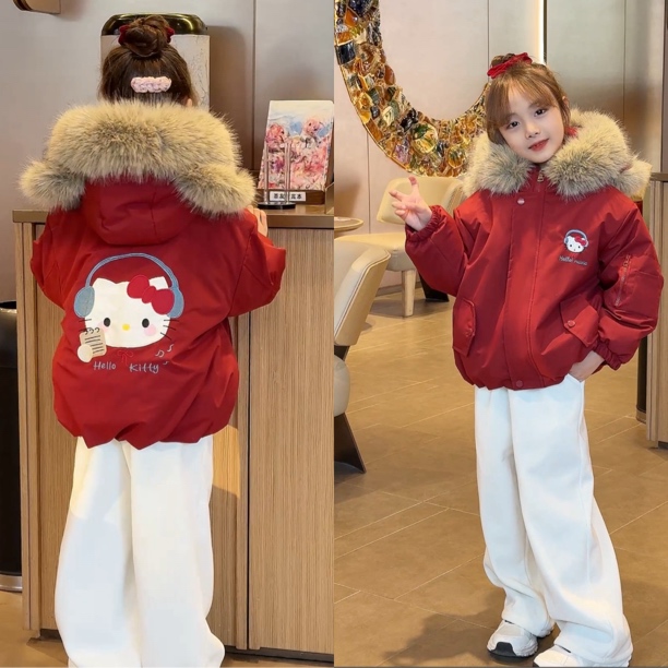 女童中大童2025新款加绒加厚时尚洋气大毛领休闲风棉服秋冬派克服