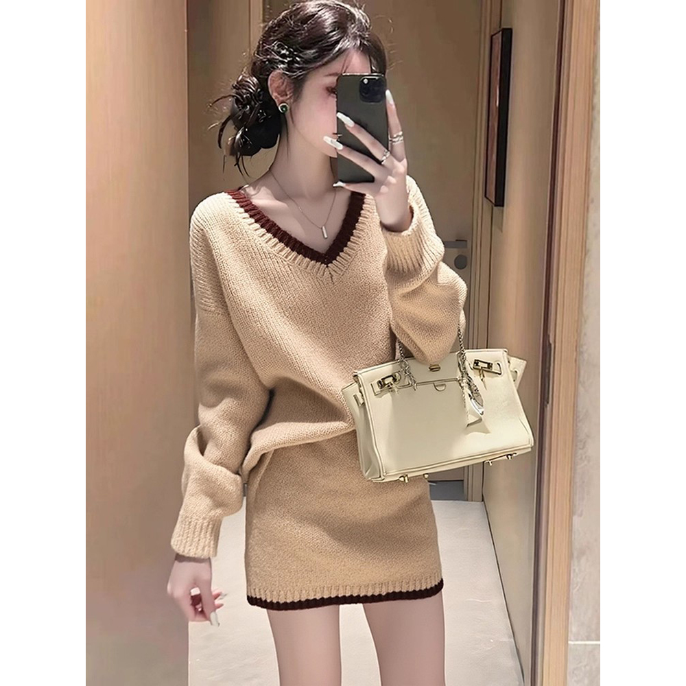 秋冬卡其色针织套装女2025新款慵懒风穿搭巨好看上衣半身裙两件套