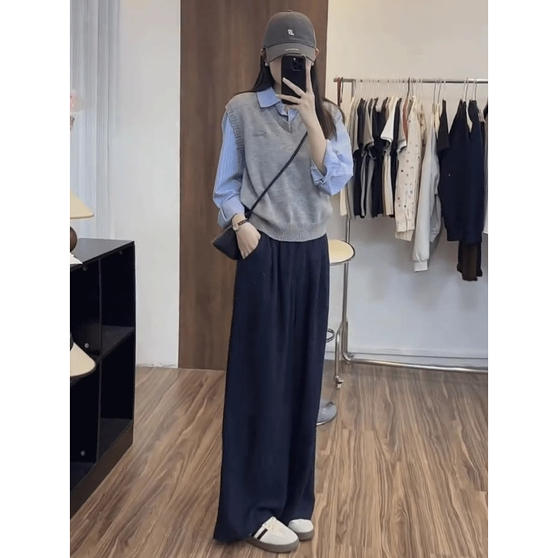 假两件条纹拼接针织长袖衬衫女秋季新款休闲百搭学院风叠穿上衣潮