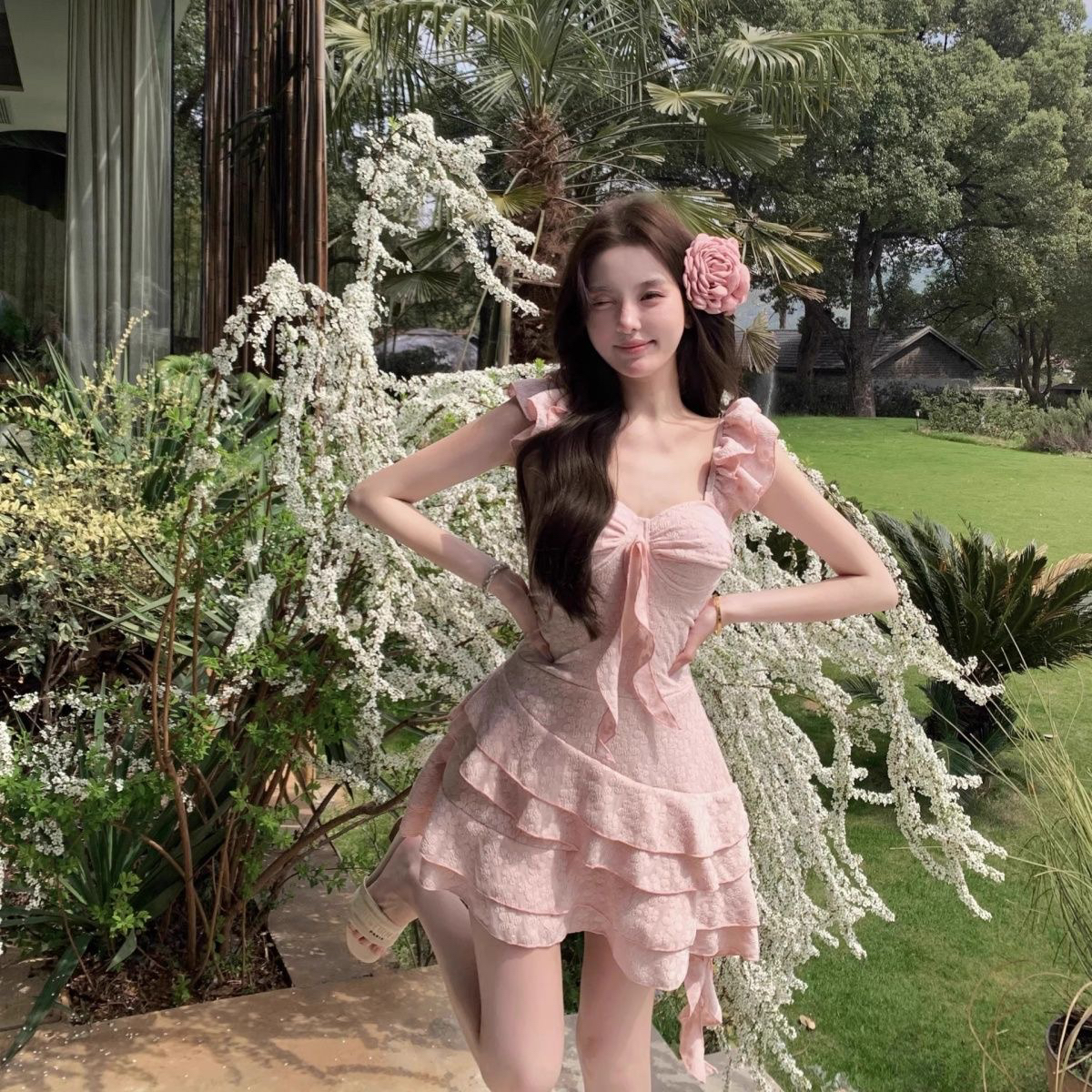 2025甜美少女纯欲连体裙式泳衣小飞袖显瘦遮肚温泉度假保守