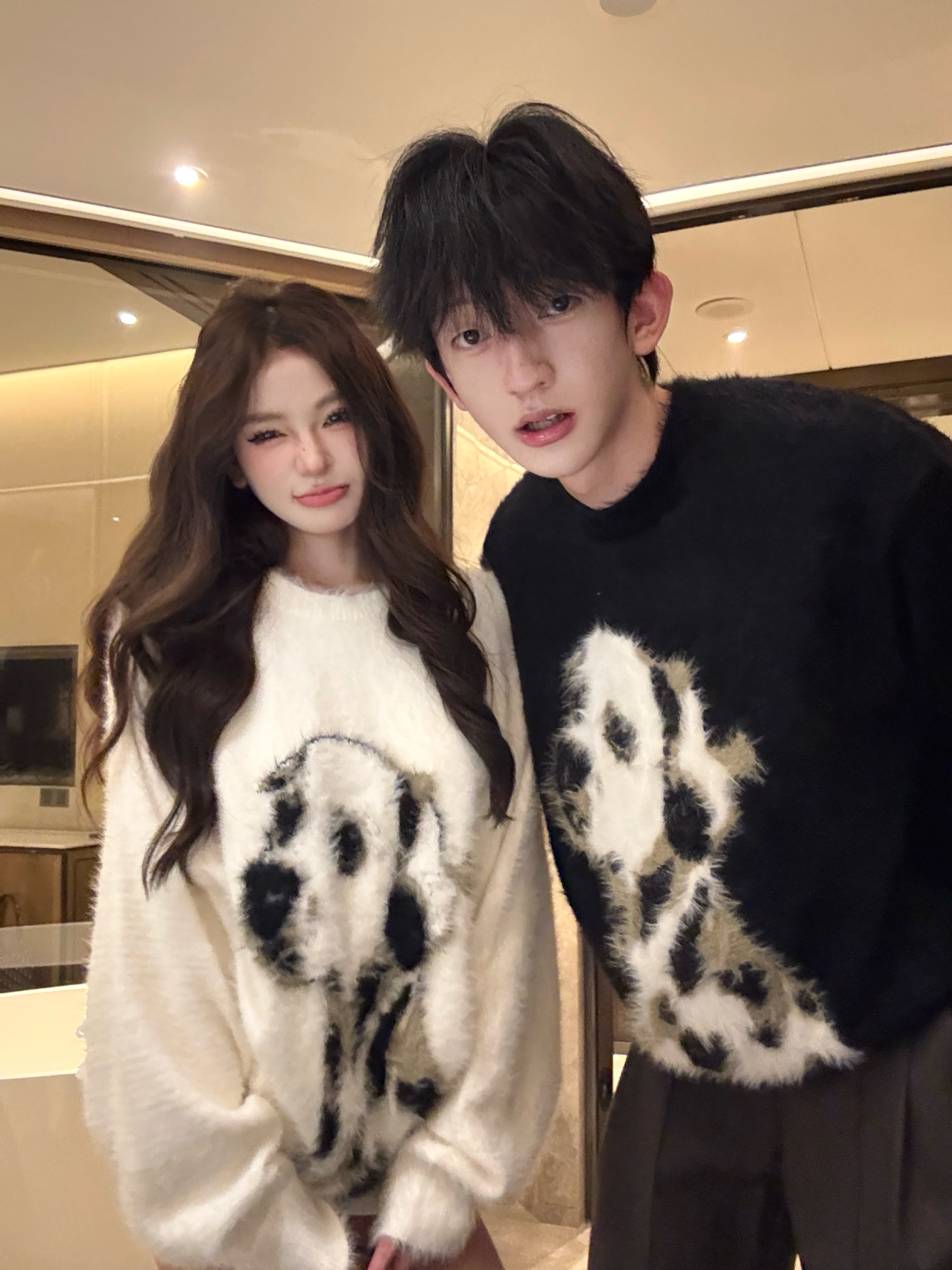 情侣装斑点狗水貂绒毛衣男女同款秋冬软糯慵懒中长款针织衫上衣