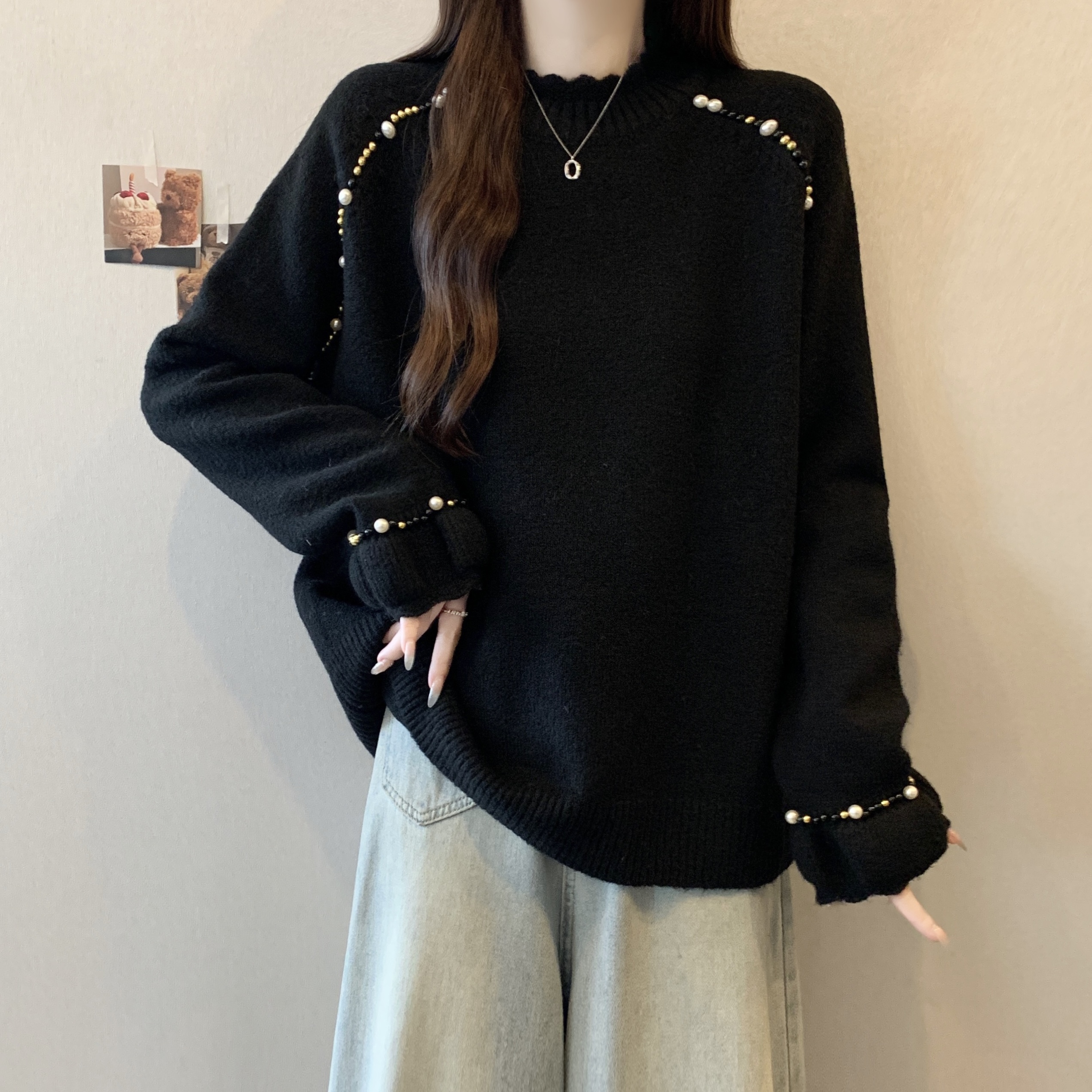 大码女装遮肚子慵懒风减龄钉珠长袖针织衫秋冬胖妹妹宽松显瘦毛衣