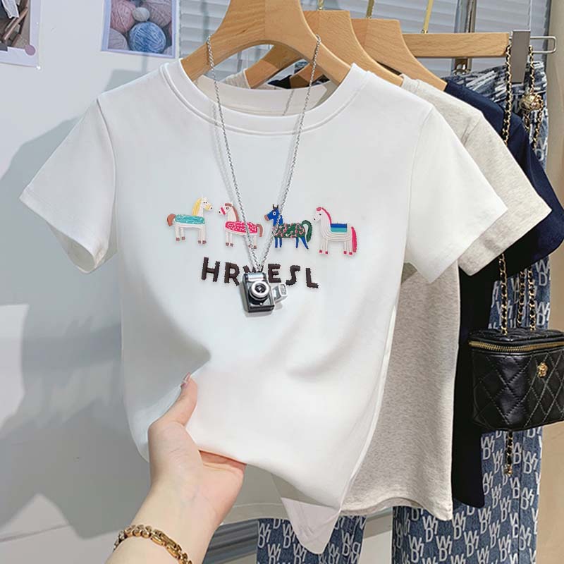 【小马假日】2025时尚休闲春夏款百搭宽松短袖T恤夏季韩版圆领刺绣
