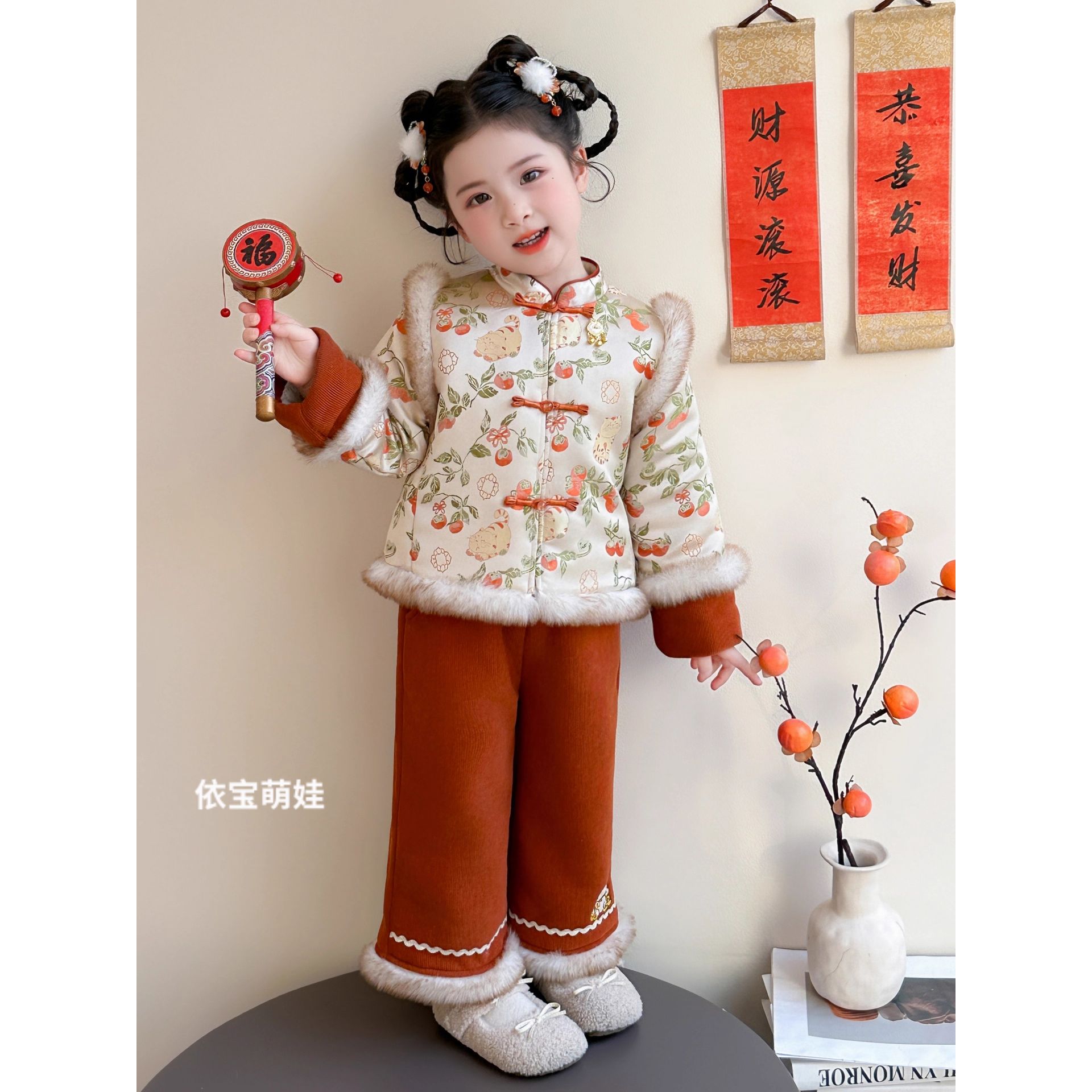 女童拜年服加绒套装冬季2025新款儿童国风汉服保暖冬装新中式唐装