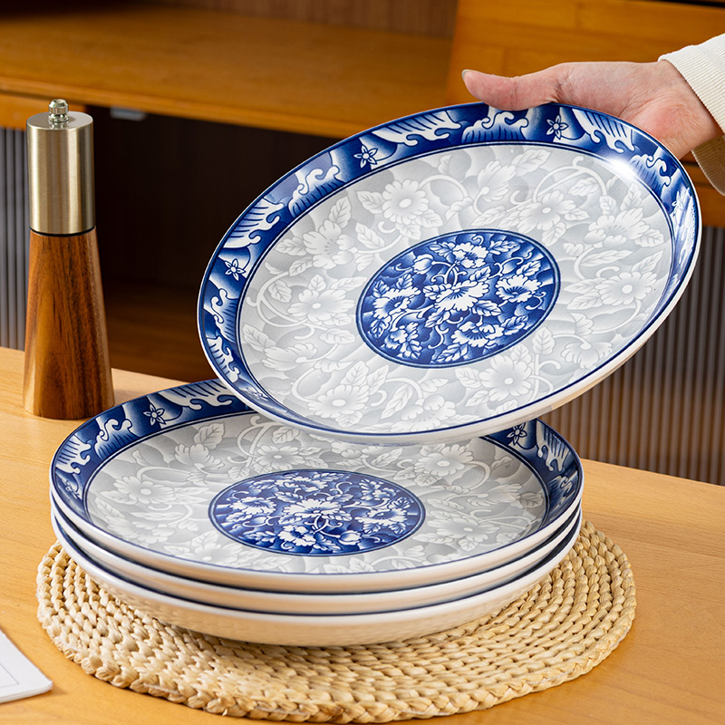 青花家用陶瓷10英寸吃饭盘菜盘大容量餐具釉下彩盘加厚耐高温