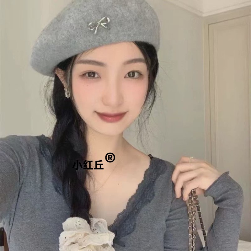 韩版可爱蝴蝶结刺绣新款羊毛贝雷帽帽子子女秋冬百搭大头围显画家