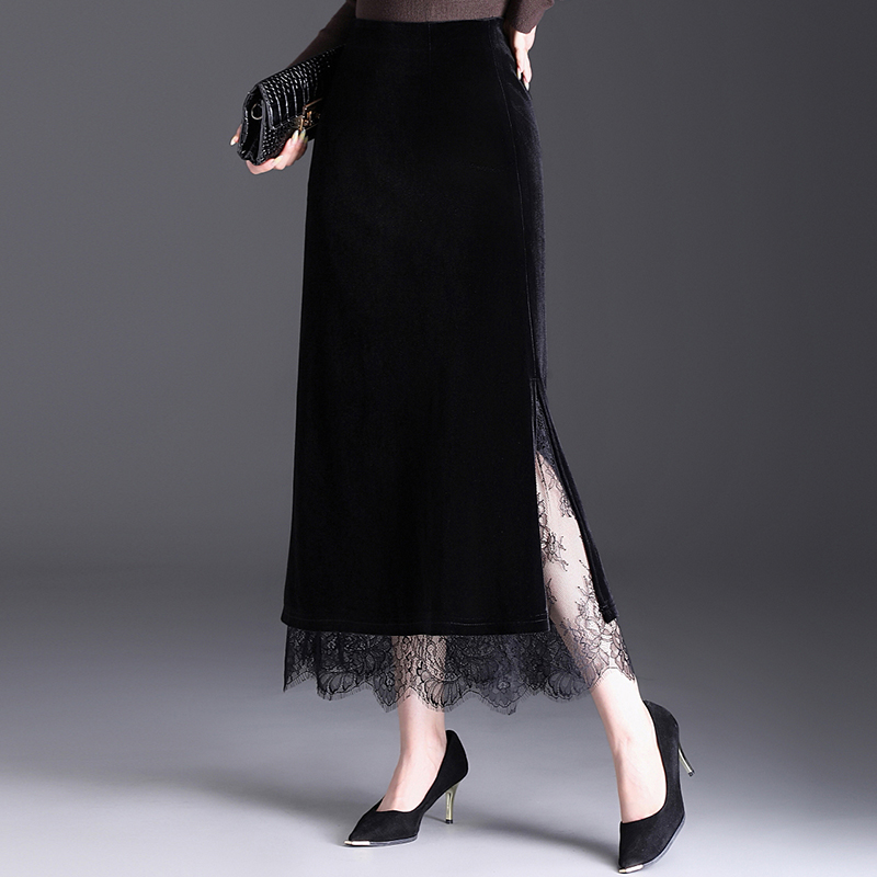 性感开叉蕾丝花边金丝绒鱼尾裙女2025秋季新款包臀直筒长裙半身裙