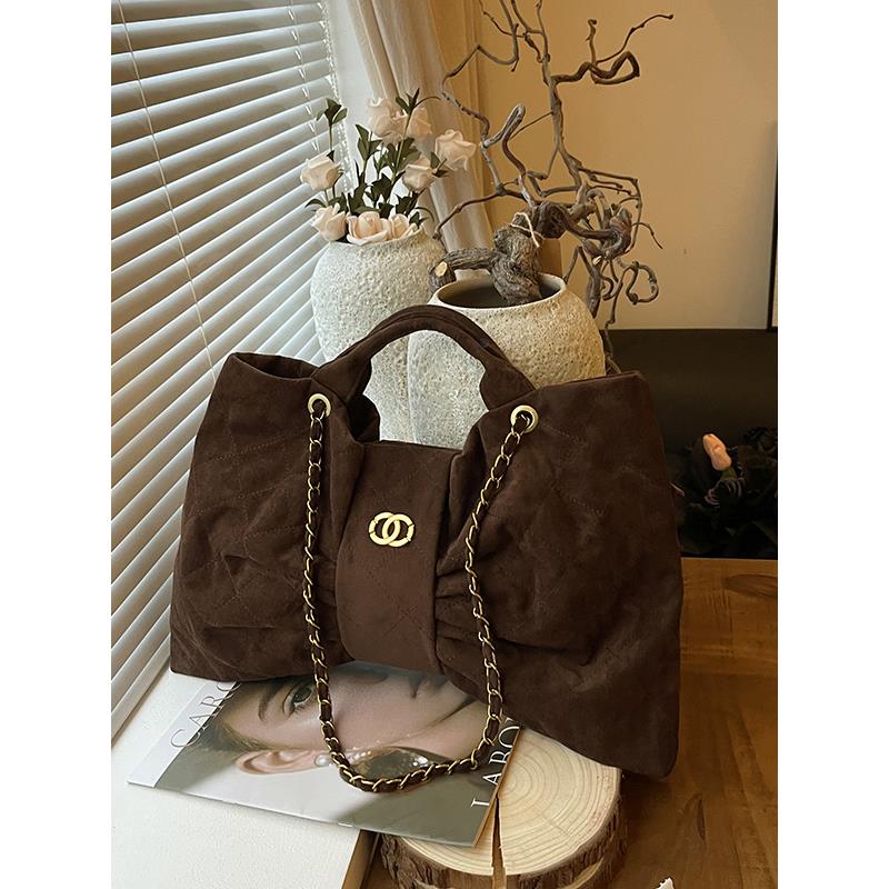 秋冬覆古大容量麂皮绒包包女小香风褶皱大包蝴蝶结炼条单肩斜挎包