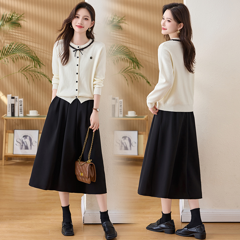 针织秋季圆领薄款两件套装针织衫2025秋季新款女高腰春秋法式长袖