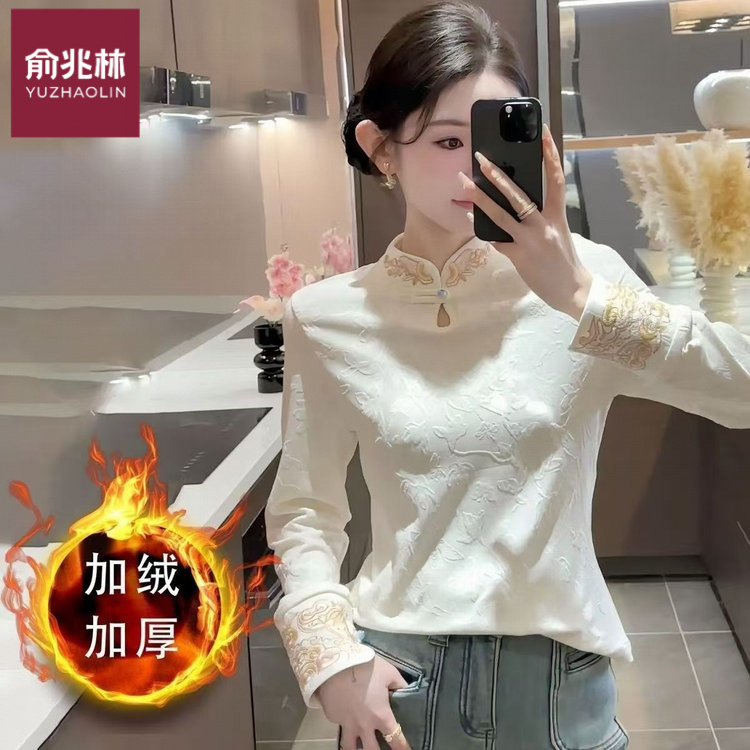 新中式国风衬衫女秋冬款新款立领加绒加厚长袖刺绣提花保暖上衣