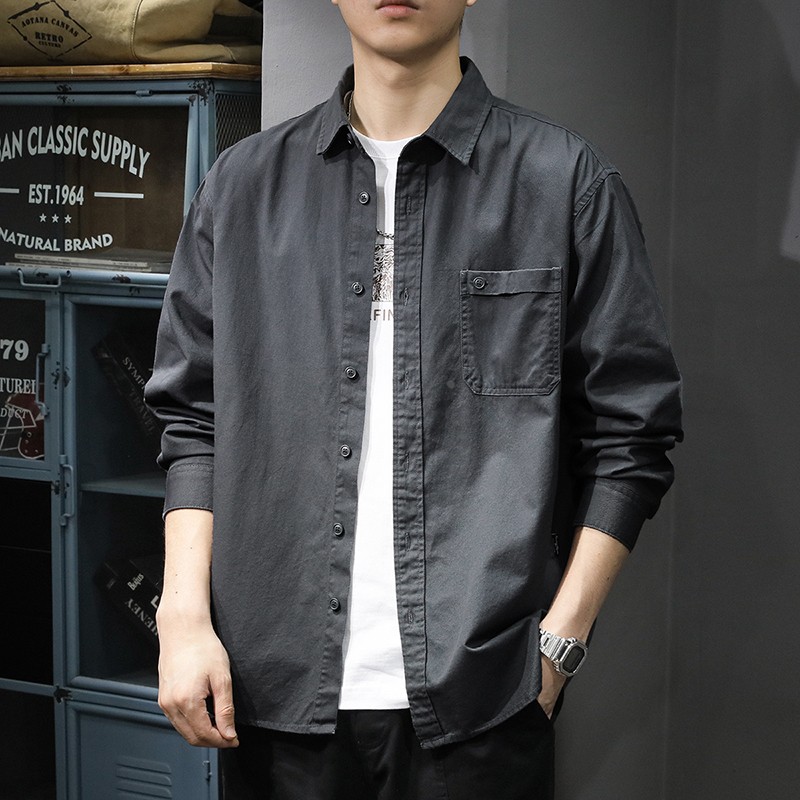 春秋季高级感纯棉长袖衬衫男美式复古通勤衬衣宽松大码休闲夹克