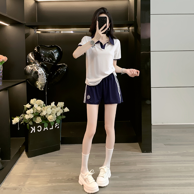 休闲简约套装女2025新款夏季爆款拼色短袖polo衫卫裤学院风制服潮